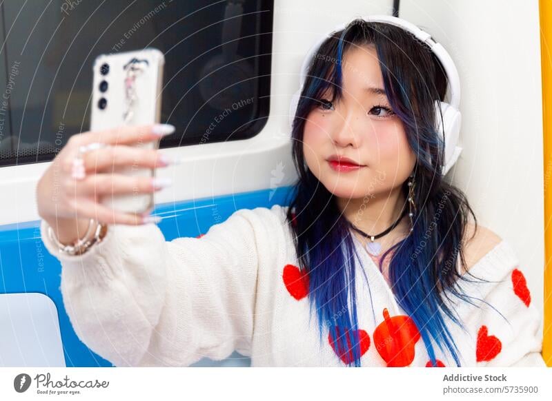 Trendy Gen-Z chinese girl taking a selfie with her smartphone gen-z stylish headphones public transit blue hair fashion youth social media photography