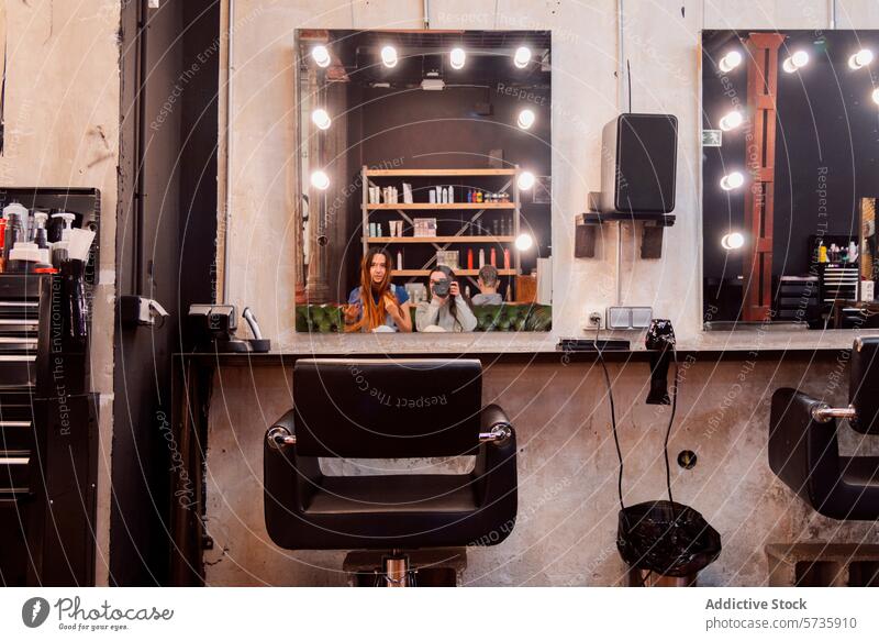 Modern hair salon interior with stylish design mirror light chair product shelf elegance trendy care fashion beauty reflection ambiance modern furniture
