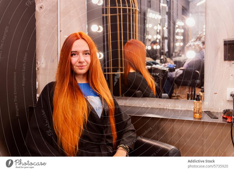 Woman with long red hair sitting in a hair salon woman beauty haircare hairstyle client mirror smile salon chair reflection portrait fashionable young adult