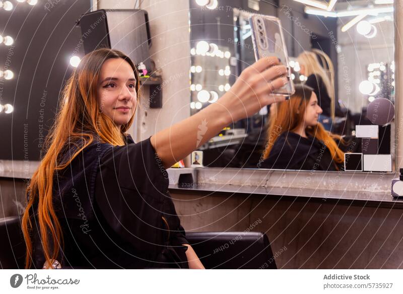 Woman capturing her new hairstyle at the salon woman selfie hairdresser mirror reflection lighting smartphone photography personal care beauty fashion grooming