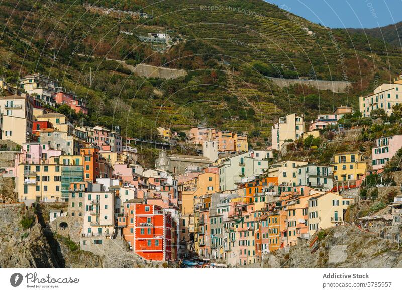 Hillside European village with colorful houses hillside europe picturesque blue sky clear building architecture urban scenery travel destination tourism sunny
