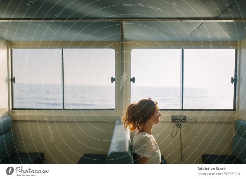 Woman looking out to sea from inside a cabin woman window sunlight contemplation gaze view ocean travel journey serene calm introspection solitude peaceful