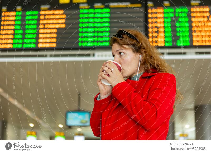 Traveler with coffee at airport flight information board woman drink travel waiting red coat female traveler young adult departure leisure transport