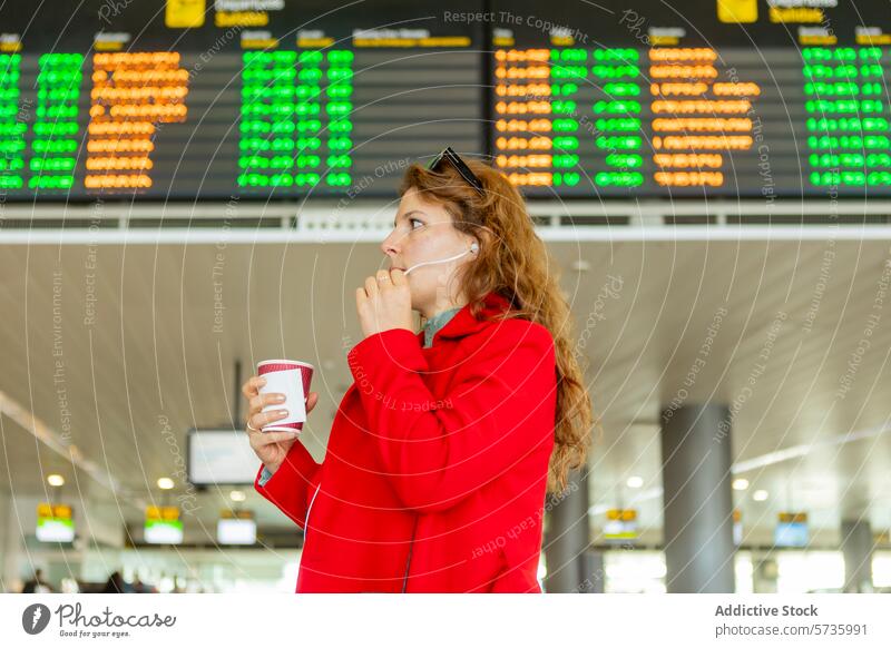 Woman in red checking flight information at the airport woman departure board red coat beverage coffee earphones holding standing indoor travel traveler