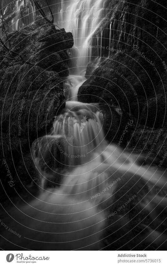Mystic shrouds of water stream down Rio Mundo Waterfall, captured in black and white, highlighting nature's fluid artistry waterfall Spain monochrome flow