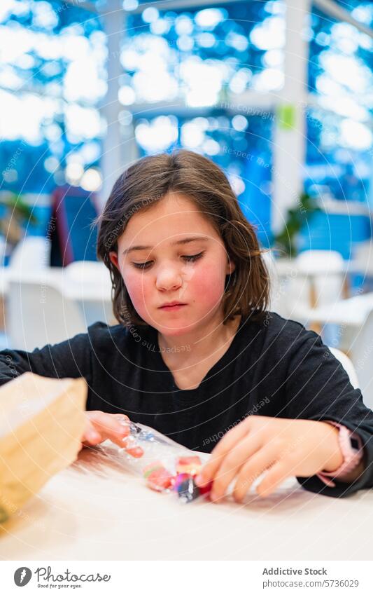 Girl engaged in craft activity at a bright indoor space girl focused young table colorful bokeh background child concentration creative hands work making art