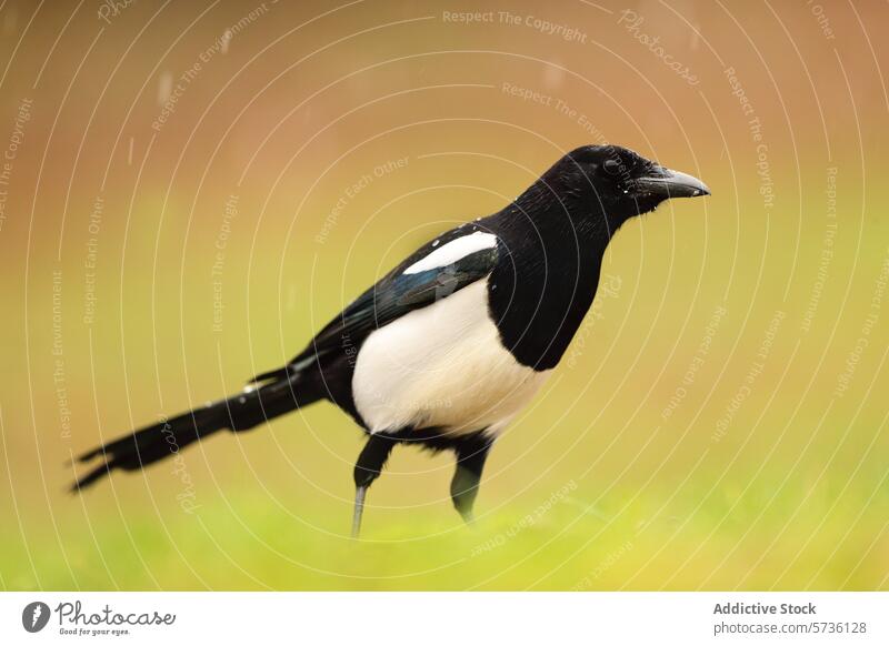 Magpie in natural habitat with raindrops bird magpie plumage glistening black white muted background wildlife nature outdoors avian beak feathers wet standing
