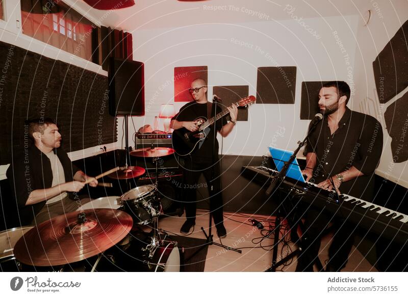 Intense performance by male music trio in a studio band men drummer guitarist keyboardist room instrument focus intense practice session musician electric
