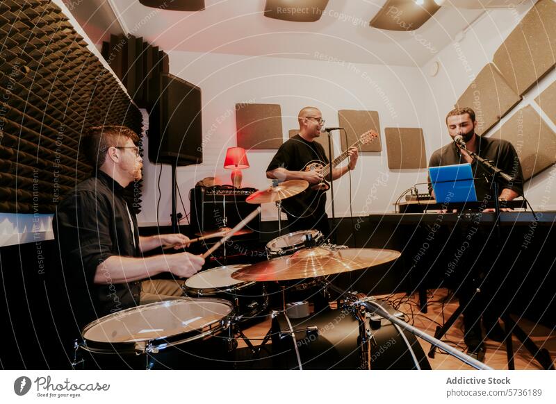 Male music band practicing with various instruments rehearsal studio musicians male trio drummer cymbal sticks electric bass guitarist singer microphone singing