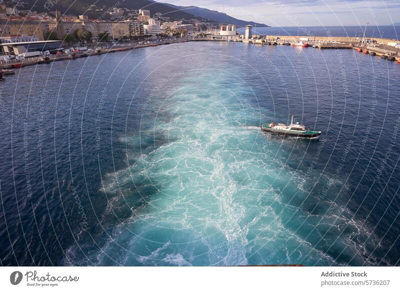Aerial view of a ferry entering the port of Marseille seascape boat ship open sea serene ocean water voyage navigation journey nautical marine horizon travel
