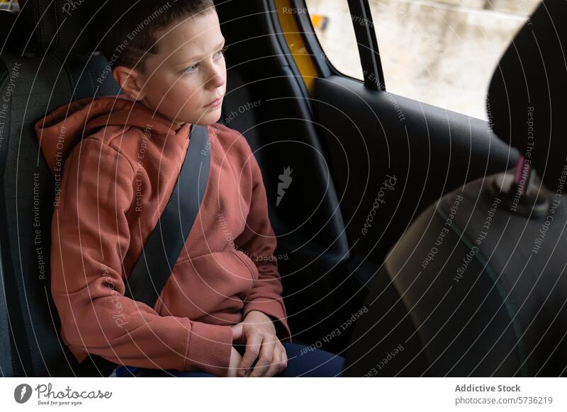 Young boy buckled up in the backseat of a car seatbelt safety travel child transportation vehicle hoodie secure contemplation passenger road safety security