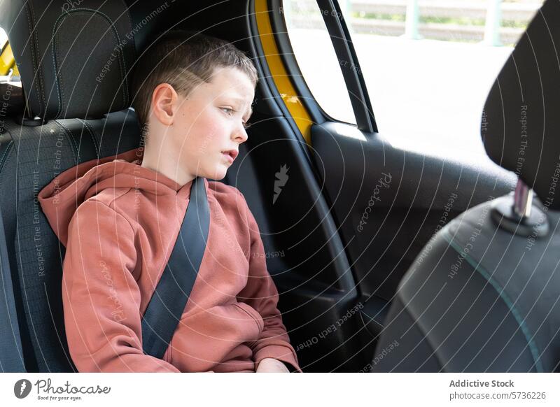 Young boy wearing seatbelt in car looking away safety preteen backseat secure transport window vehicle child safety belt passenger road safety travel seated