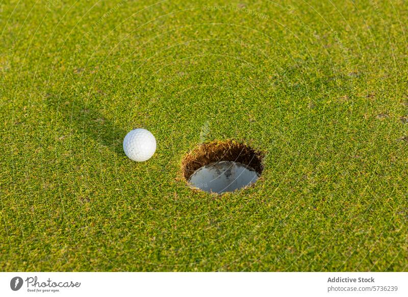Close-up of golf ball near the hole on green grass close-up white sport golfing outdoor course game play leisure miss success shot detail lush lawn fairway
