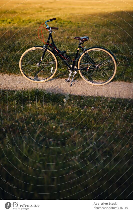 A lone bicycle stands on a dirt path, casting a long shadow in the golden light of sunset across a verdant spring meadow golden hour grass outdoor leisure bike