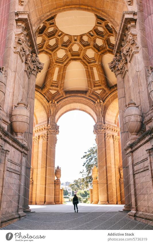 Anonymous person stands beneath the grand arches of the iconic Palace of Fine Arts in San Francisco on a clear spring day architecture landmark column history