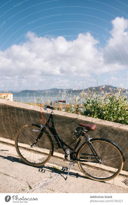 A classic black bicycle with a leather saddle rests against a sea wall, overlooking the scenic San Francisco Bay in springtime vintage view bay seaside sky