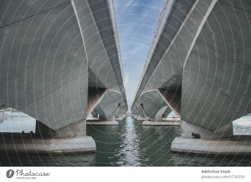 Symmetrical perspective under concrete bridge arches symmetry architectural design reflection water underbelly modern engineering structure urban geometrical