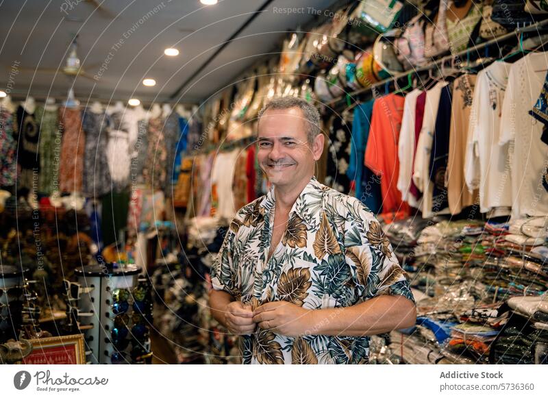 Shop owner smiling in a colorful boutique shopkeeper clothing store cheerful man patterned garments accessories vibrant retail business owner fashion