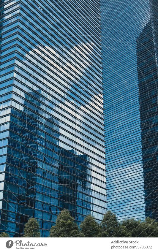 Modern skyscrapers with reflective glass facades architecture building modern urban city highrise tower office blue corporate business window steel structure
