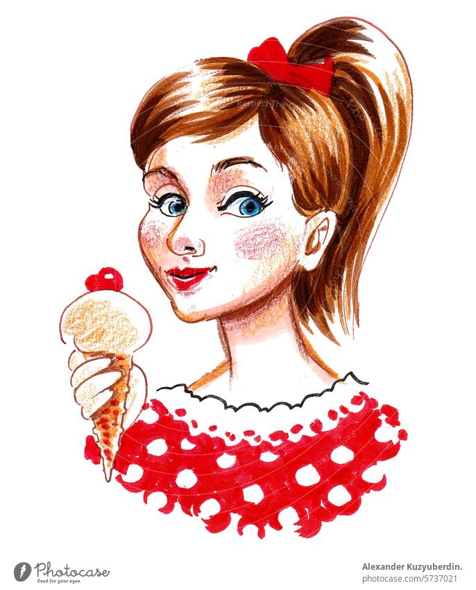 Pretty girl eating an ice cream. Hand drawn retro styled illustration kid cute tatsy character art artwork drawing sketch ink watercolor painting
