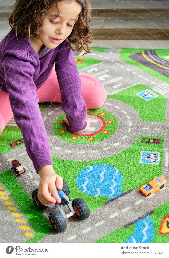 Child playing with toy cars on a colorful playmat child girl imagination vibrant indoor playtime activity leisure game child-led fun creativity pretend floor