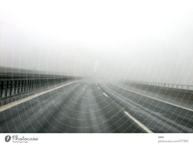 lost Vacation & Travel Far-off places Fog Rain Street Highway Stripe Movement Driving Gray Tracks Drizzle Smoothness Exterior shot