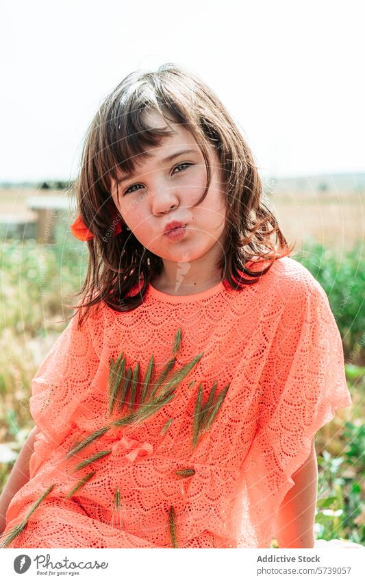 A girl in a coral dress makes a playful pout while holding pine branches, embodying the cheerful spirit of summer on the farm portrait child nature outdoors