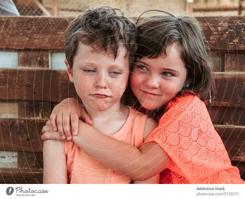 A tender moment as a girl comforts her upset brother with a gentle hug, capturing the essence of sibling care on a summer day at farm school boy emotion embrace