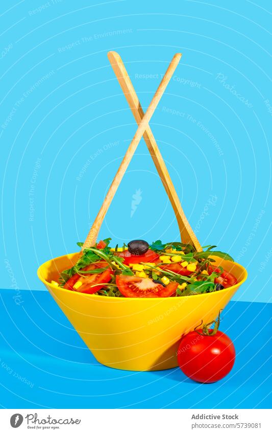 Fresh mixed salad in a yellow bowl with crossed utensils fresh wooden fork spoon blue backdrop vibrant tomato arugula corn olive leafy green healthy nutrition