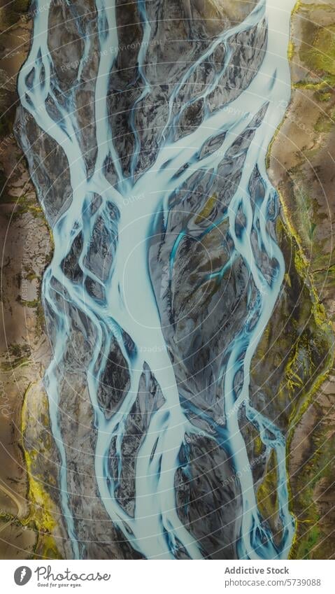Aerial view of a glacier river in Iceland's rugged landscape aerial view iceland natural beauty top-down milky water winding textured rock formation nature