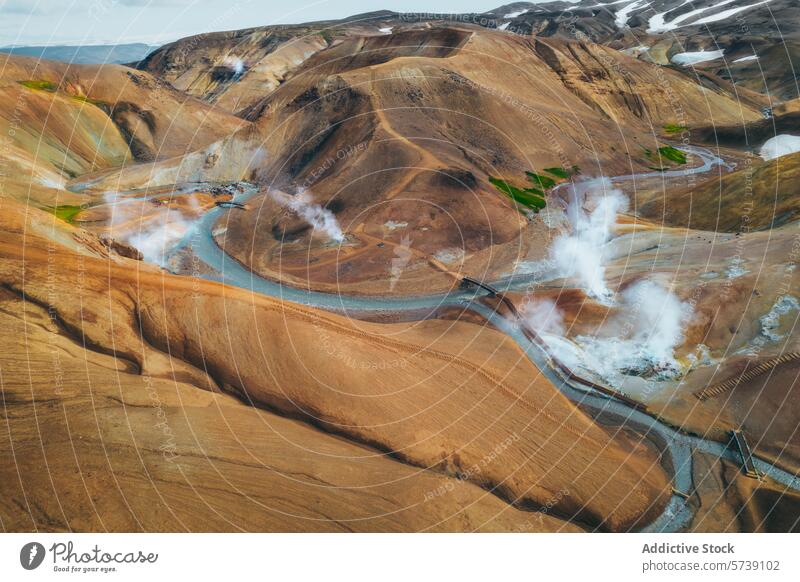 Aerial geothermal panorama at Hverir, Iceland iceland hverir aerial view landscape steam hills river colorful mineral panoramic nature outdoor travel tourism
