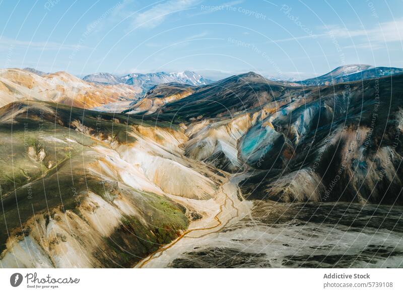 Aerial view of Landmannalaugar's colorful rhyolite mountains, Iceland iceland landmannalaugar aerial view natural beauty landscape geological valleys untouched