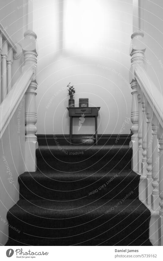 Old fashioned staircase with small hall table. Black & white photo Old building Banister step ascent Upward Wall (building) Landing Staircase (Hallway)