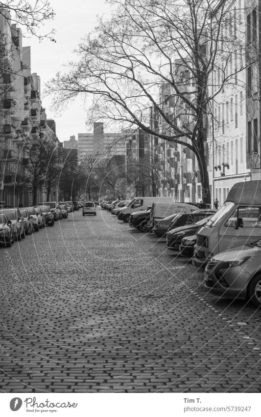 Street in Wedding Berlin b/w Winter Cobblestones Black & white photo Exterior shot Day Town Capital city Deserted Downtown Architecture bnw Old town Building