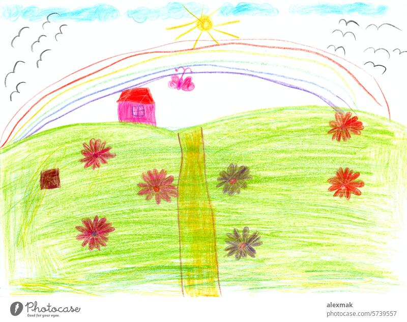 Children drawing with flowers and colorful rainbow childish sun multicolor joy art hill mountain cloud nature butterfly happy holiday grass funny cartoon bird