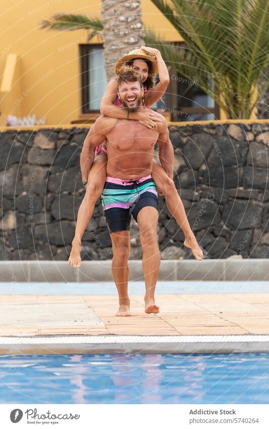 Poolside piggyback fun with a joyful couple pool smiling woman vacation leisure hat summer swimwear happiness playful poolside travel lifestyle sunny recreation