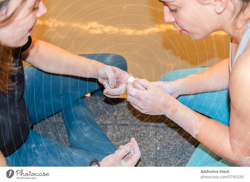 Two women applying first aid on hand with bandage woman care injury emergency response floor sitting tending white concerned assistance help medical treatment
