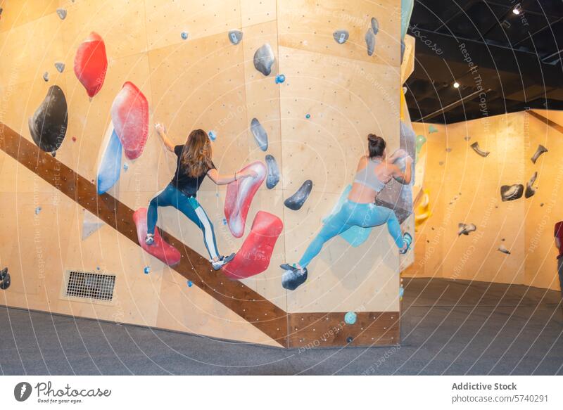 Indoor Bouldering Session with Two Climbers climber bouldering indoor gym artificial strength agility scale wall fitness sport activity recreational physical
