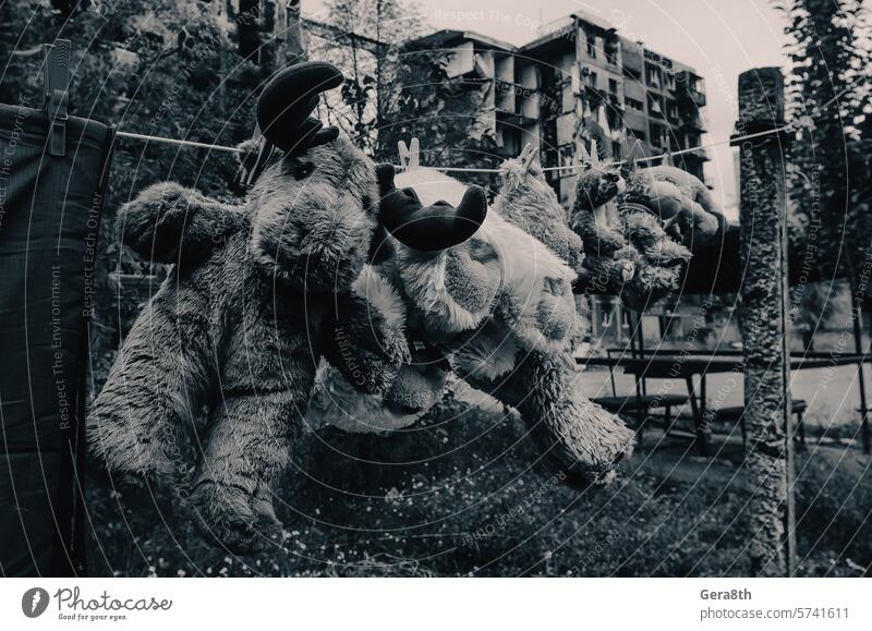 soft toys are dried after washing against the background of a burnt-out building in Mariupol Donetsk Kherson Kyiv Lugansk Russia Ukraine Zaporozhye abandon