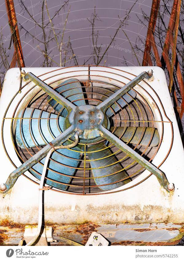 Large, very old fan, out of order Fan Patina Out of service Rust airflow rusty Refrigeration circulation Rotate Wind Blue Industry Rotation Air Ventilation