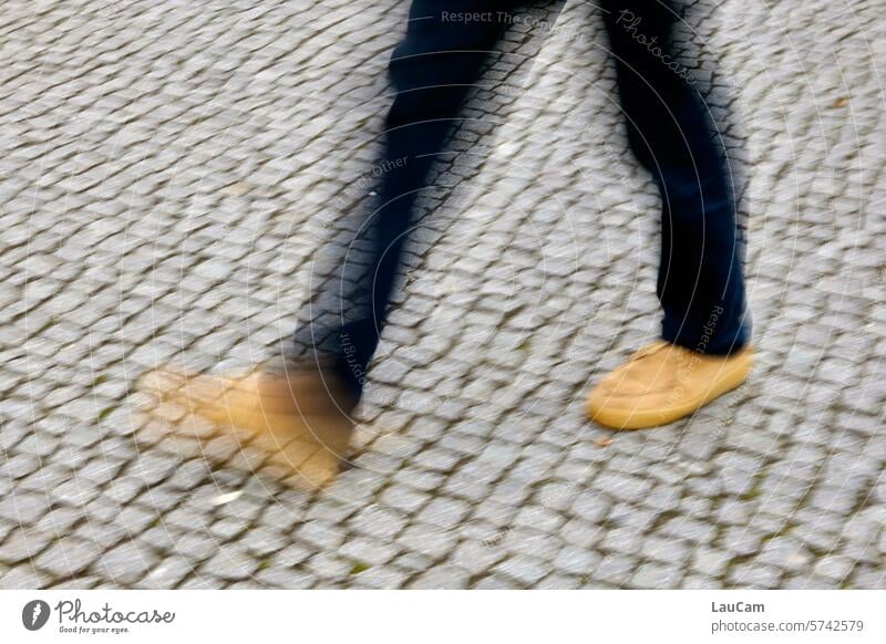 Let's go - step by step little by little Going Walking Go off take off on the move Movement motion blur Dynamic Legs feet Footwear Cobblestones Street