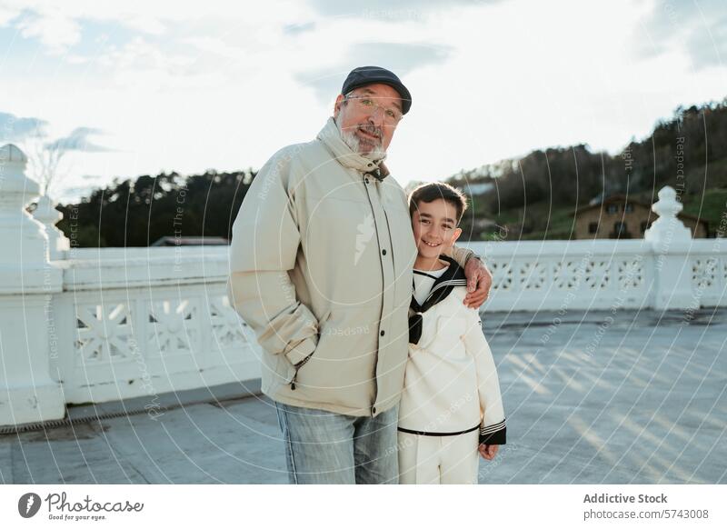 A proud grandfather in a cap embraces his grandson in First Communion attire, sharing a joyful moment on a terrace with a scenic view first communion family