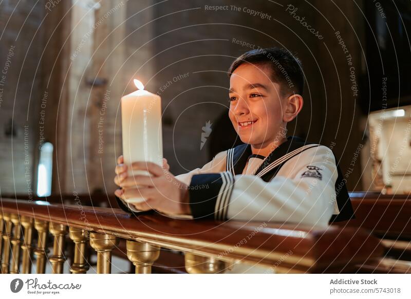 A thoughtful boy holds a lit candle during his First Communion, reflecting in a serene church setting reflection prayer faith Christian ceremony happy smile