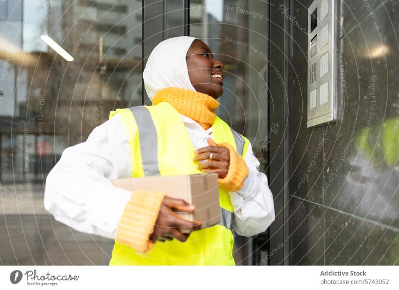 Smiling Female Delivery Worker in City Environment woman female african delivery worker package city urban professional cheerful smiling safety vest hijab