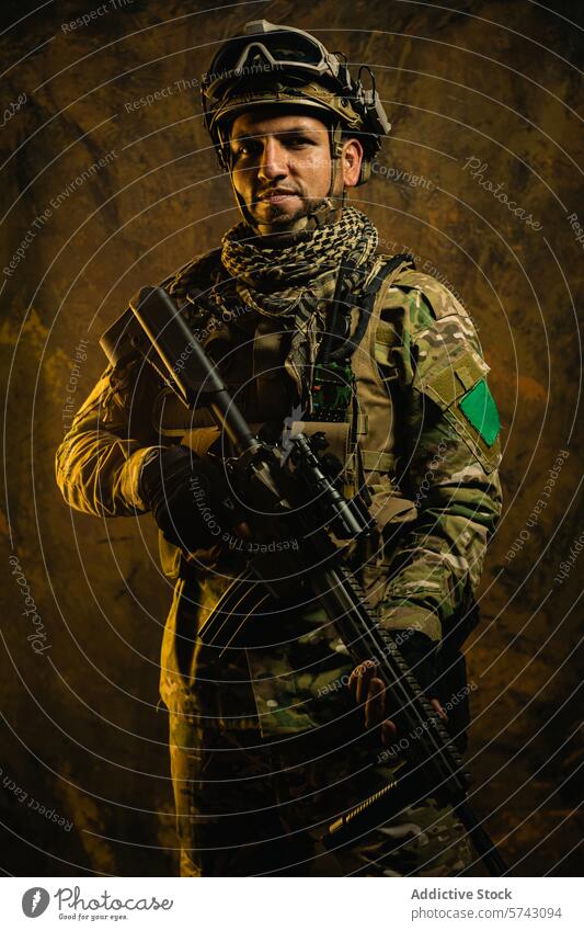 A portrait of a resolute Latin American soldier in full gear, posing with his rifle against a textured backdrop military helmet uniform camouflage tactical