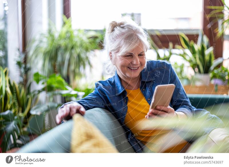 Smiling senior woman using smart phone while sitting on sofa at home people casual day portrait indoors real people white people adult mature retired old