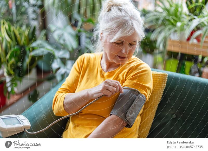 Senior woman measuring her blood pressure while sitting on a sofa at home people casual day portrait indoors real people white people adult mature retired old