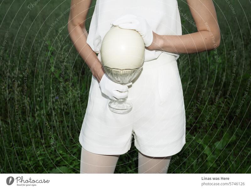 A lady dressed in white is holding a huge ostrich egg in a glass dish. Getting ready for the Easter celebration and so on. Behind her avant-garde silhouette, there is an endless green meadow that accompanies a woman in white.