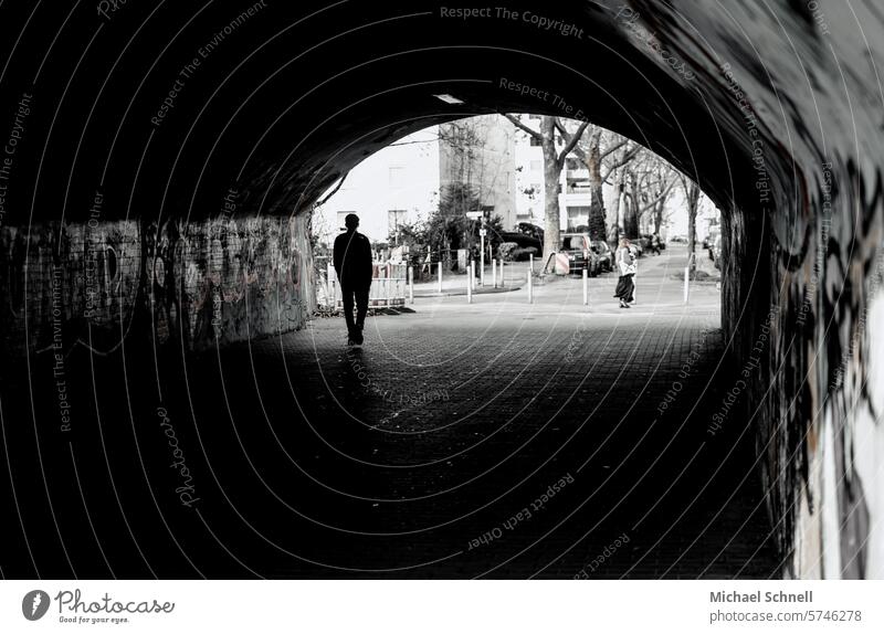 Pedestrian tunnel Tunnel Tunnel vision tunnelling Light Lanes & trails Passage Architecture Underpass Silhouette Corridor Going Human being