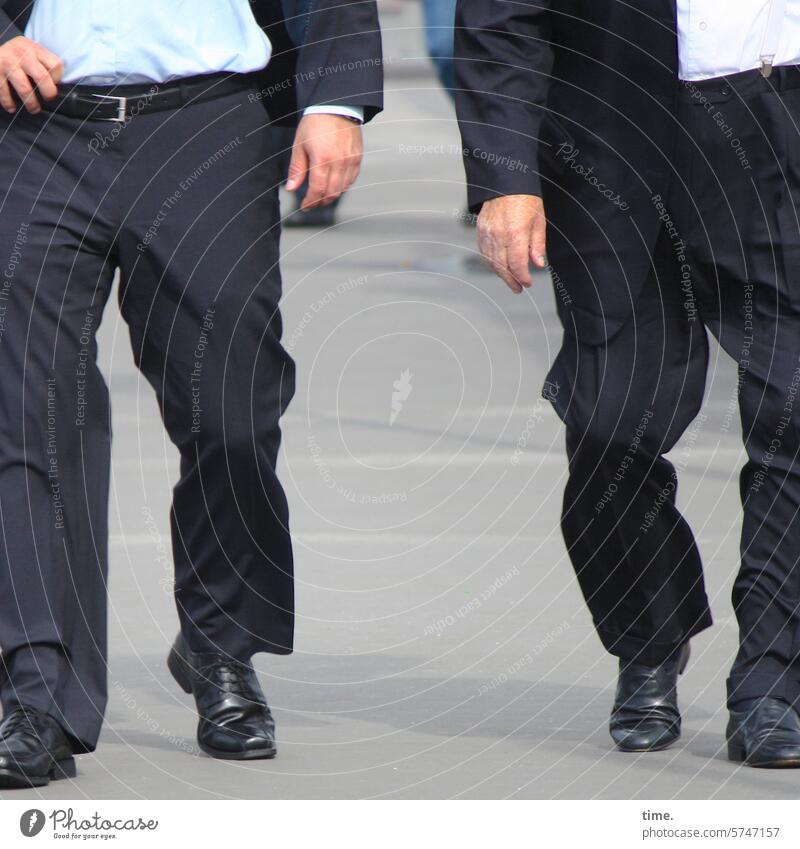 false alarm | debt collection men Suit Going Street Suspenders Belt Shirt two Footwear solemn Front view hands